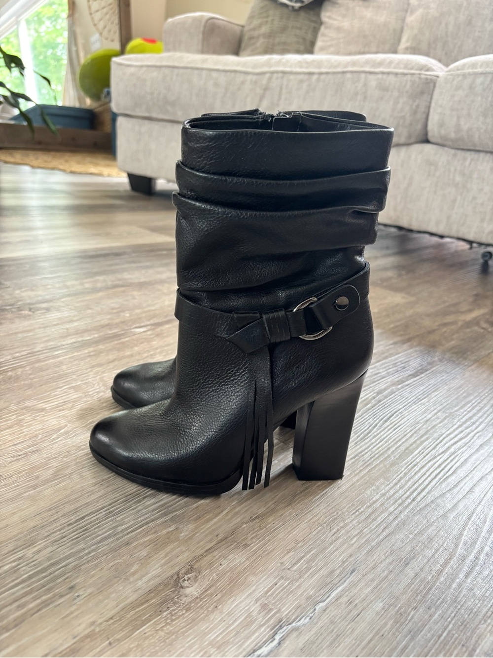 Guess Black Slouchy Fringe Block Heel Ankle Boots